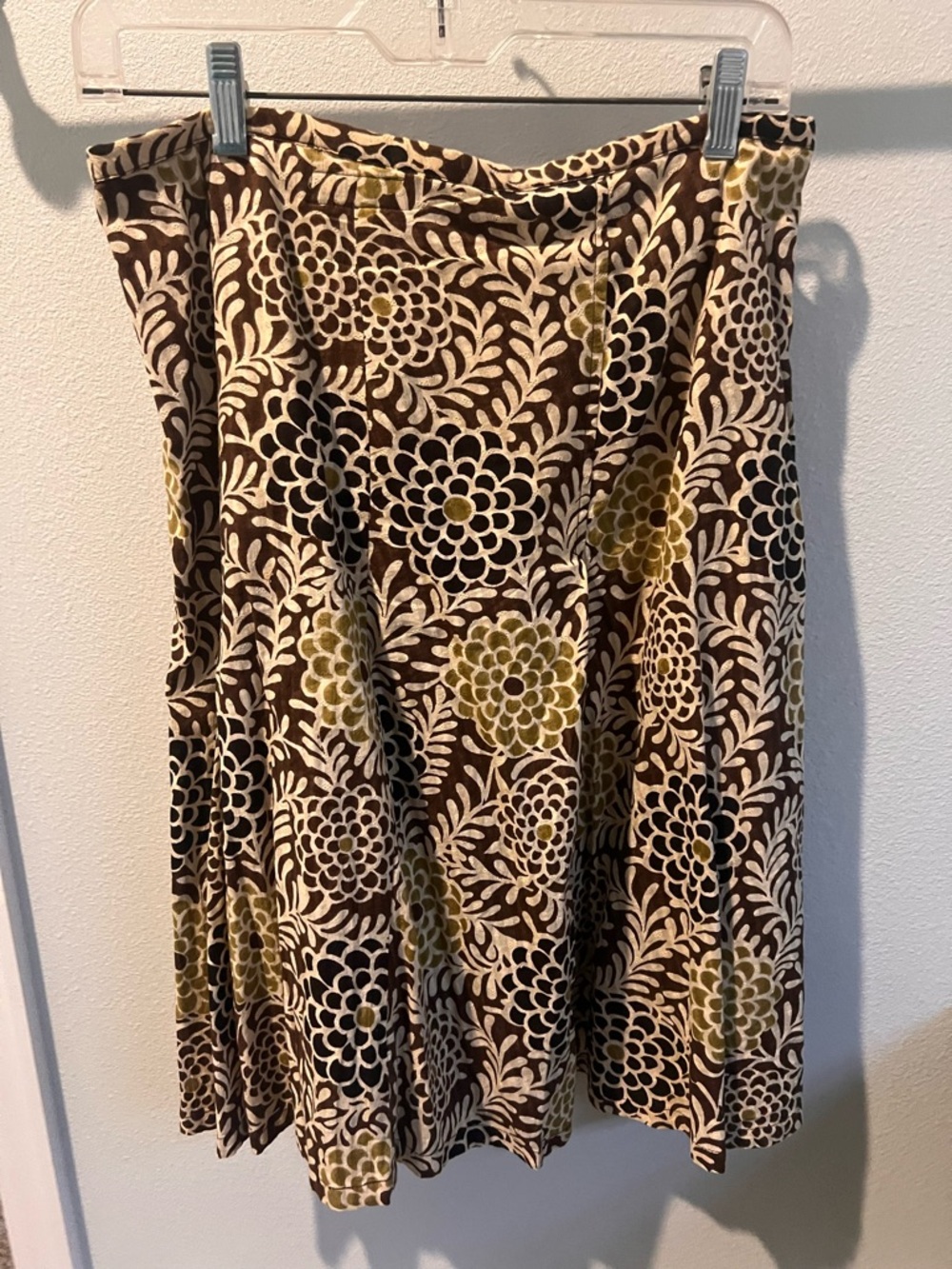 The Territory Ahead Brown Floral A-Line Skirt with Cream and Olive Accents